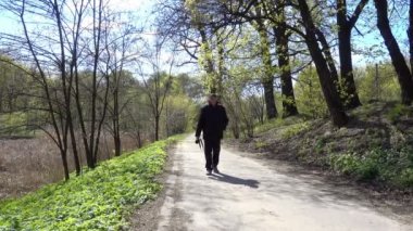 Ormanda yürüyüş bir kamera olan bir adam. Bahar