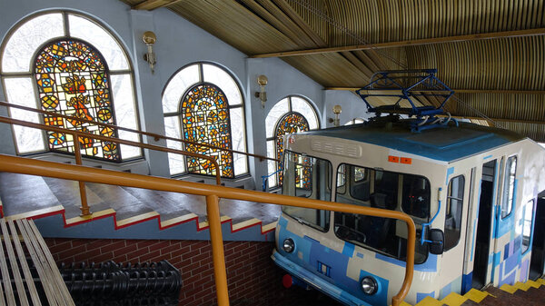 The Kiev funicular. Interior of the upper station with a trailer