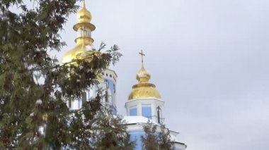 St. Michael'ın altın kubbeli Katedrali Kiev gökyüzü arka plan üzerinde bir kubbe. Kış günü. Dalları yemiş olduğunu. bir sürü kuş uçar