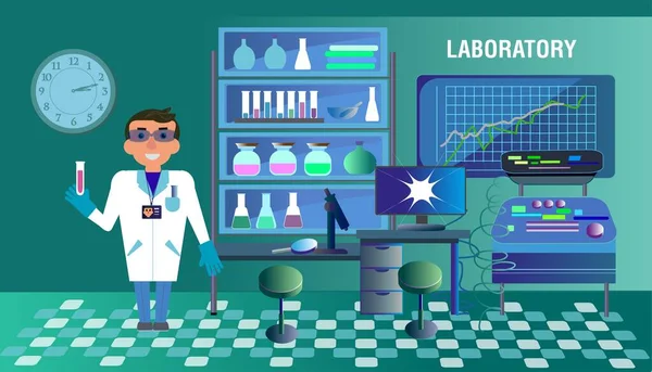 Funcionário de laboratório em um casaco branco e no interior de um laboratório médico científico moderno com vários equipamentos. Saúde e investigação . —  Vetores de Stock