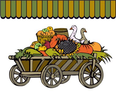 Farming trade at a rural fair. A trolley with hay laden with pumpkins, sunflowers, apples in a basket, live geese, a barrel of honey.