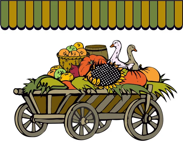 Comercio agrícola en una feria rural. Un carro con heno cargado de calabazas, girasoles, manzanas en una cesta, gansos vivos, un barril de miel . — Archivo Imágenes Vectoriales
