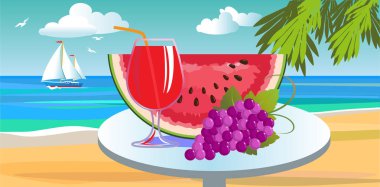 Still life with watermelon, grapes and a drink in a glass on a table under palm trees by the sea. A sailboat and seagulls are visible in the distance.