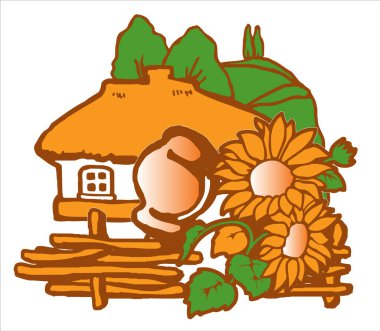 An old Little Russian rural house with a thatched roof. In front of the house is a wooden wicker fence with a clay pot and sunflowers. Away on the mountain of poplar. Vector