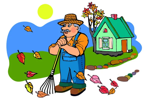 Giardiniere anziano in un cappello di paglia, in piedi in un giardino con un rastrello, guarda la caduta delle foglie autunnali — Vettoriale Stock