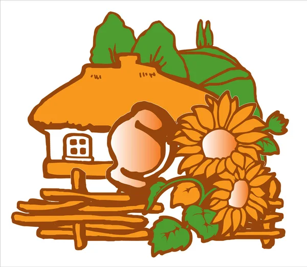 Una vieja casita rural rusa con techo de paja. Delante de la casa hay una cerca de mimbre de madera con una olla de barro y girasoles. Lejos en la montaña del álamo. Vector — Vector de stock