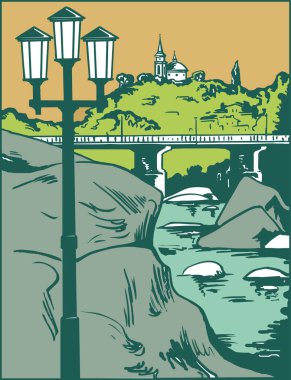 View of the Ukrainian city of Boguslav. Vector drawing