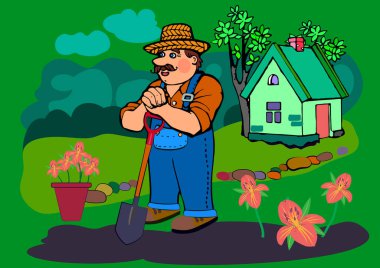 A cheerful flower grower in a hat stands in the garden, leaning on a shovel, Next to it are flowers, trees and a rural house. Vector illustration