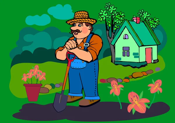 Un coltivatore di fiori allegro in un cappello si trova nel giardino, appoggiato su una pala, accanto ad essa ci sono fiori, alberi e una casa rurale. Illustrazione vettoriale — Vettoriale Stock