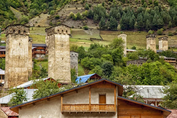 Georgia Svaneti berg rivier wachttorens — Stockfoto