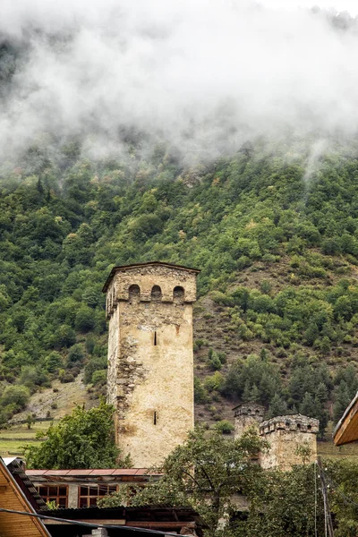 Georgia Svaneti berg rivier wachttorens — Stockfoto