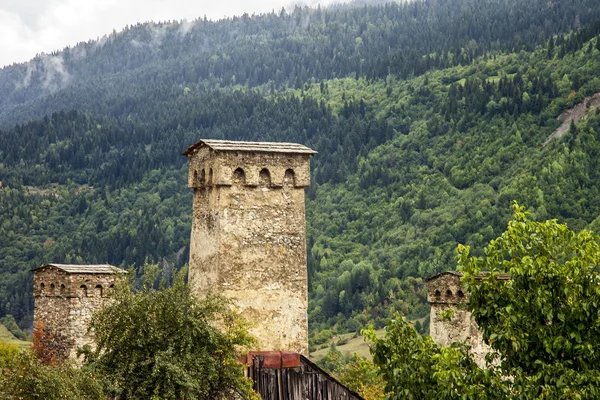 Georgia Svaneti berg rivier wachttorens — Stockfoto