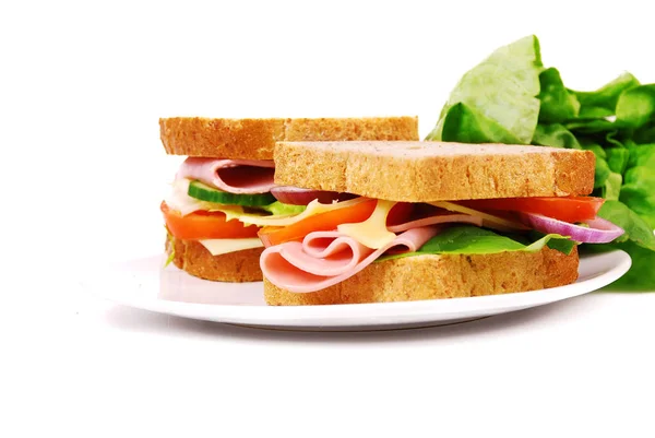 Healthy ham sandwich with cheese, tomatoes on white background — Stock Photo, Image