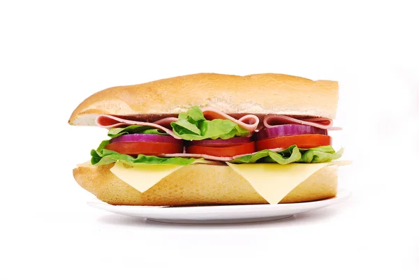 Sandwich with ham and vegetables on white background — Stock Photo, Image