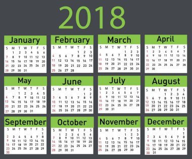 2018 vektör çizim için takvim