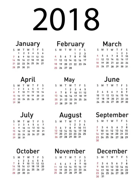 Calendario per l'illustrazione vettoriale 2018 — Vettoriale Stock