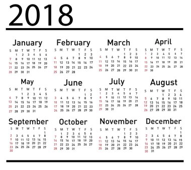 2018 vektör çizim için takvim