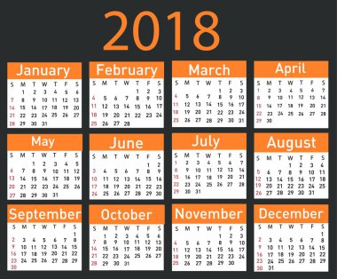 2018 vektör çizim için takvim