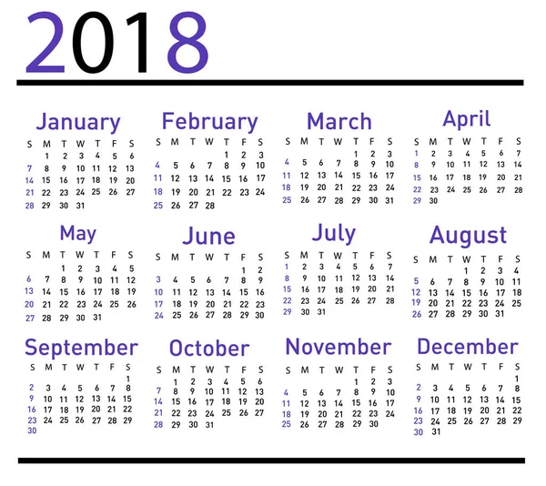 Calendário para 2018 ilustração vetorial — Vetor de Stock