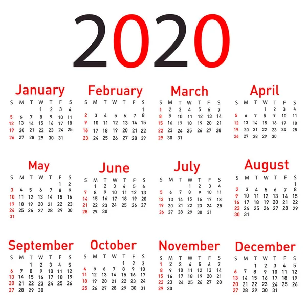 Calendar pentru 2020 ilustrație vectorială — Vector de stoc