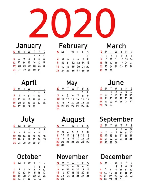 Calendar for 2020 vector illustration — Stock Vector