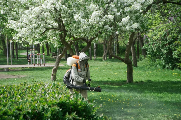 Tick Borne Treatment City Park Man Sprays Repellent Green Grass — Stock Photo, Image