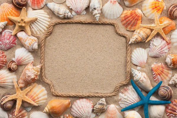 Beau cadre de corde, coquillages et étoiles de mer sur le sable, avec place pour votre texte — Photo