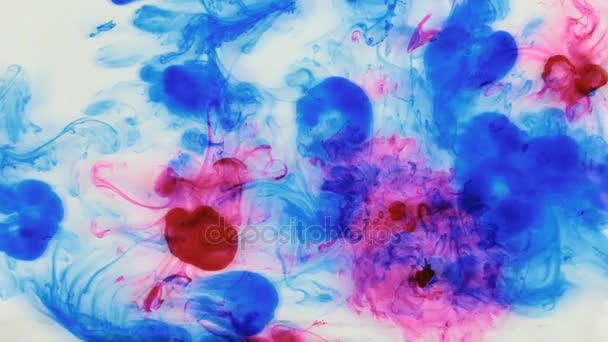 Mooie kleurrijke inkt in water, inkt drop. Dalende rood en gele inkt in water met blauwe inkt. — Stockvideo