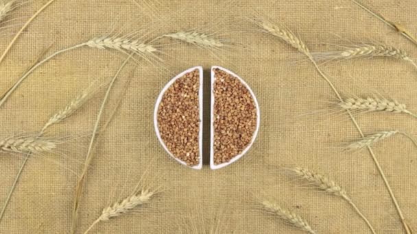 Zoom miska s pohankou zrna a klásky pšenice, ležící na pytloviny. — Stock video