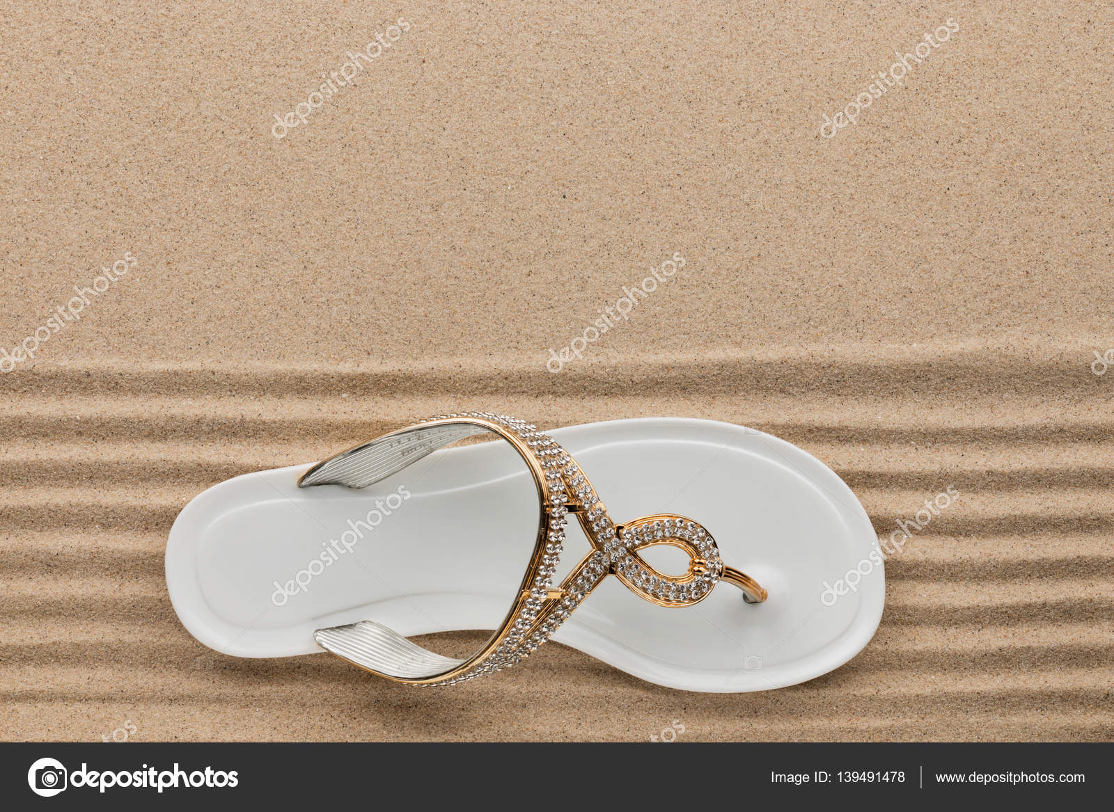 Trendy White Flip Flops Decorated With Rhinestones Standing On