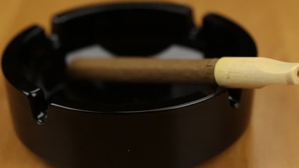 Focus on the cigar and on the glass ashtray. — Stock Video