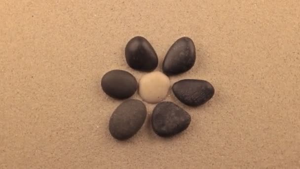 Rotation des pierres en forme de fleur couchée sur le sable. Concept . — Video