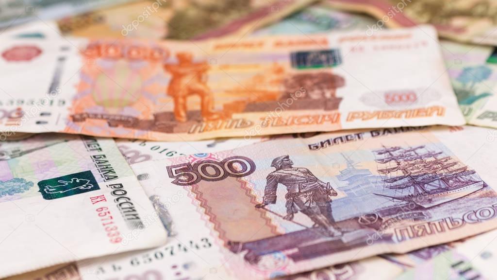 Close-up of Russian rubles, money background.