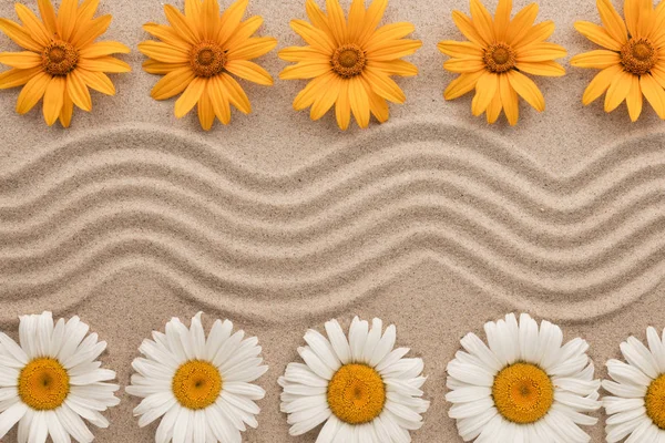 Beautiful zigzag of sand and flowers lying on the sand. — Stock Photo, Image