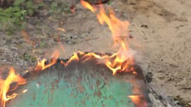 Annäherung, Zoom von grünem brennendem Sperrholz. — Stockvideo