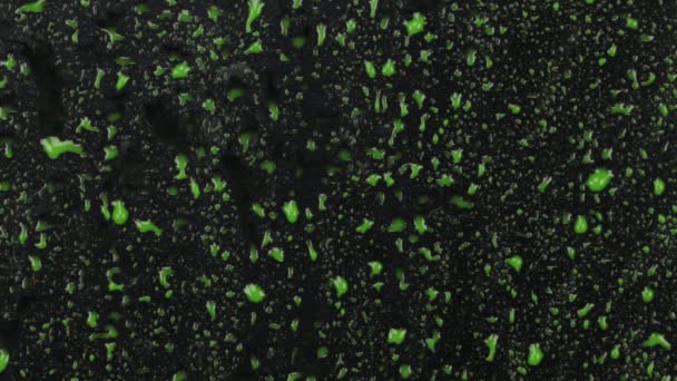 Droppar grön måla dropp på en svart bakgrund och visas strömmar. — Stockvideo