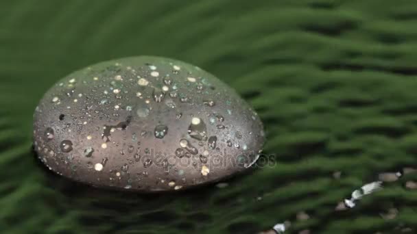 Wind blows on a drop falling into the green water and a black stone. — Stock Video