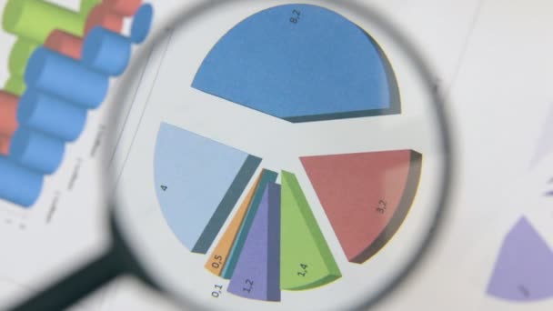 Rotation of the multi-colored diagram. Close-up with a magnifying glass. — Stock Video