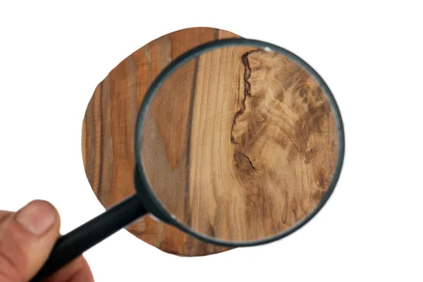 Study of wood texture through a magnifying glass, isolated — Stock Photo, Image