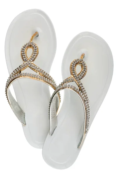 Luxury, decorated with rhinestone white beach flip flops, isolated — Stock Photo, Image