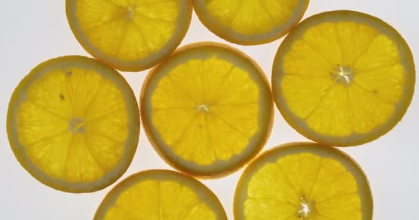 Collection of fresh orange slices on white background. Rotation citrus fruit. Top view. — Stock Video