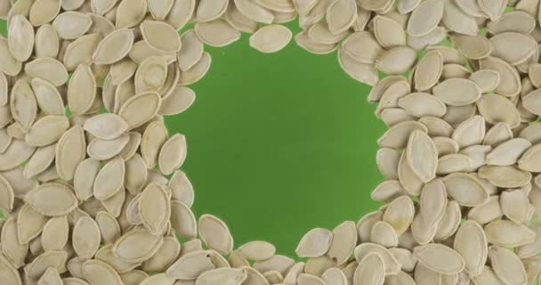 Rotación de semillas de calabaza dispersas en un círculo con espacio en el centro. Vista superior . — Vídeos de Stock