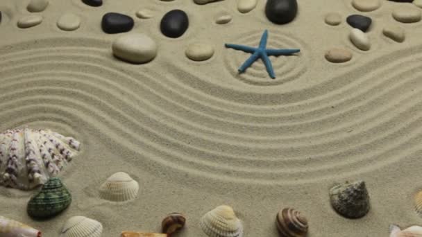 Fondo de playa. Líneas onduladas, conchas, piedras y estrellas. Slider tiro . — Vídeos de Stock