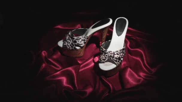 Zoom.Zwei Leopardenschuhe mit High Heels und einem Plateau auf rotem, zerknülltem Stoff. — Stockvideo