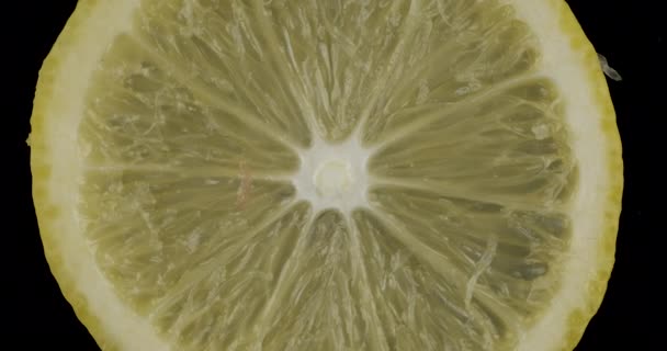 Rotatie, close-up van verse, sappige pulp van een citroen. Achtergrond en textuur van citroen. Bovenaanzicht. — Stockvideo