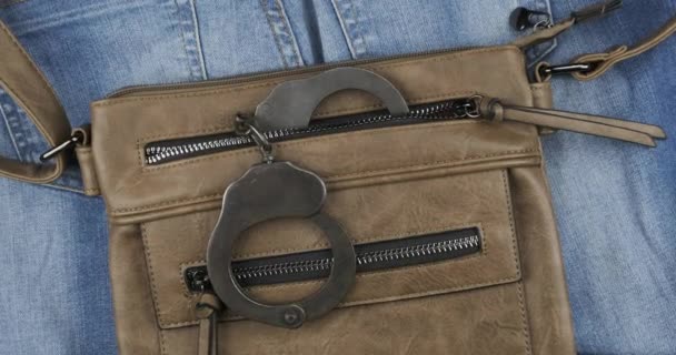 Zoom. Aus einer Tasche einer Damenhandtasche ragen Handschellen. Konzept. — Stockvideo
