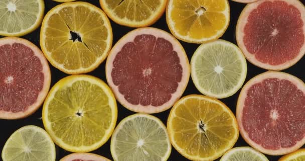 Rotatie, achtergrond van gesneden schijfjes citrusvruchten op een zwarte achtergrond. Close-up. — Stockvideo
