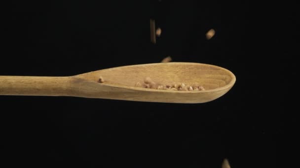 Cadendo grano saraceno grano riempie il cucchiaio e cadere da un cucchiaio di legno. Rallentatore . — Video Stock