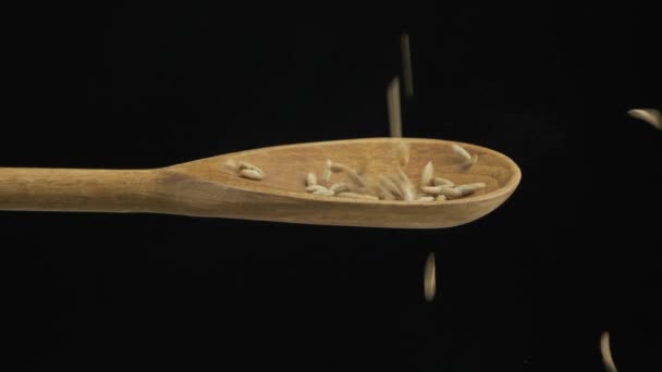 La caída del centeno de grano llena la cuchara y se cae de una cuchara de madera. Movimiento lento . — Vídeo de stock