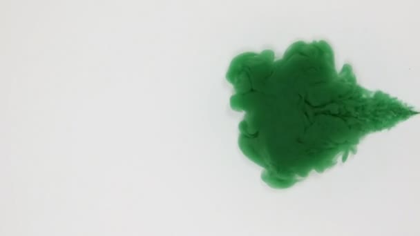 Farbfarbenstrom im Wasser, farbige Tintenwolken, abstrakte Bewegungen. Grüner Farbstoff auf weißem Hintergrund. — Stockvideo